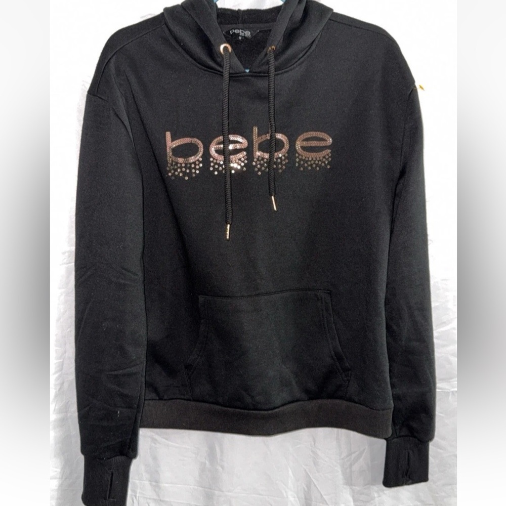 Bebe Sport Black Hoodie rose gold sequin logo medium